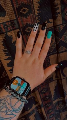 Western Cowprint Nails, Black Cowprint Nails, Cowprint Nail Design Almond, Black Nails Western, Cute Cowprint Nails, Black And Turquoise Nails Western, Long Western Nails, Country Wedding Nails