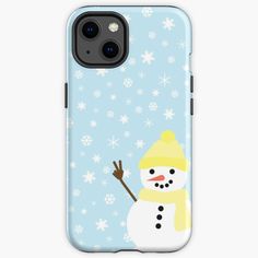 a snowman wearing a yellow hat and scarf on a blue background iphone case / skin