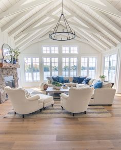 a living room filled with furniture and a fire place in the middle of a room