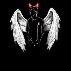 an angel with red eyes standing in front of a black background and white wings on it