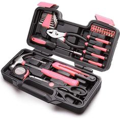 a pink and black tool set in a case