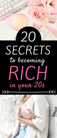 a woman sitting in front of a computer with the words 20 secrets to becoming rich in your