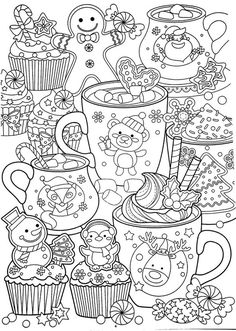 an adult coloring page with cupcakes and teddy bears in the middle, surrounded by other