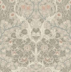 an intricately designed wallpaper with flowers and leaves in grey, beige and pink colors