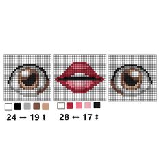 three cross stitch pictures with different types of eyes and lips, each showing the same color