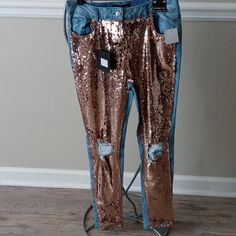 Parisian Gold Sequin Distressed Skinny Blue Jeans Straight Leg Denim Jeans With Sequins, Gold Sequin Jeans, Luxury Gold Sequined Bottoms, Knee Cut Jeans, Blue High Waist Rhinestone Jeans, Blue High-waist Jeans With Rhinestones, Sequin Jeans, Embellished Jeans, Black Knees