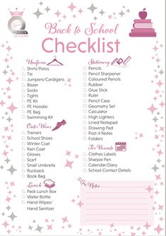 the back to school checklist is shown in pink and white with stars on it