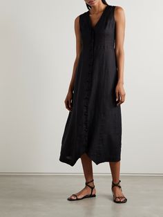 DÔEN Allene linen midi dress | NET-A-PORTER Chic Viscose Midi Dress For Daywear, Formal Linen Maxi Dress For Summer, Chic Viscose Midi Dress For Day Out, Elegant Viscose Midi Dress For Day Out, Black Viscose Midi Dress For Formal Occasions, Chic Midi Length Maxi Dress For Workwear, Chic Midi Dress For Daywear, Sleek Maxi Dress For Workwear, Sleek Black Viscose Midi Dress