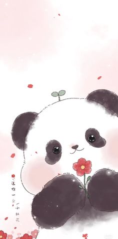 a painting of a panda holding a flower