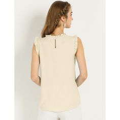 The ruffled sleeveless design would show demure, feminine grace, and also lend shape and texture. Crafted from a lightweight material, it is shaped with an elegant crew neckline, and pleat detailing, and comes in a relaxed cut for easy, breezy wear. This vintage blouse is designed with ruffled trim and solid color, especially for a professional look at work. Office Vintage, 1950s Retro, Ruffle Fabric, Work Blouses, Eyelet Blouse, Women's Blouses, Vintage Blouse, Hem Style, Easy Breezy