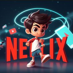 a cartoon boy is running in front of the netflix logo with other characters around him