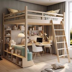 there is a bunk bed with a desk and chair in the room next to it