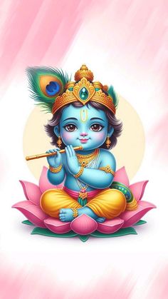 the god is sitting on top of a lotus with a pipe in his hand and holding a