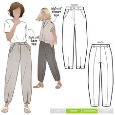 the front and back view of a woman's pants, with measurements for each side