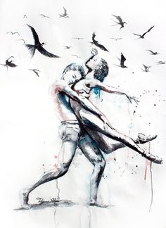 an artistic drawing of two people dancing with birds in the background