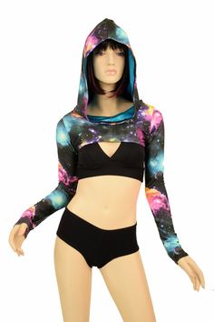 "This item is made to order, please read all the way through the listing before purchasing! Gorgeous UV GLOW Galaxy print sleeves to layer over your crop tops. Four way stretch lycra spandex in a beautiful galaxy print that glow under black light! This bolero has a hood that's lined with peacock holographic. Long straight skinny sleeves. We can create these in any color or print shown in the shop. If you do not see what you want, please ask! Womens Sizing (See below for instructions on where mea Fitted Hooded Summer Tops, Fitted Long Sleeve Rave Top, Bolero Dance, Beautiful Galaxy, Librarian Style, Sleeve Bolero, Galaxy Print, Olive Branch, Printed Sleeves