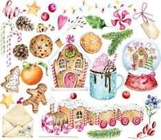 a watercolor painting of christmas items and decorations