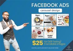 the facebook ad features an image of a man pointing at food