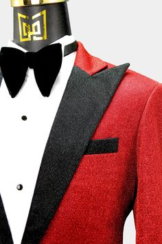 Red Tuxedo Blazer For Party, Red Tuxedo Blazer For Winter, Red Notch Lapel Outerwear For Party, Winter Party Tuxedo Fitted, Winter Party Fitted Tuxedo, Red Party Suits For Fall, Elegant Red Blazer For Parties, Holiday Party Tailored Tuxedo, Fitted Tuxedo Blazer For Party Season