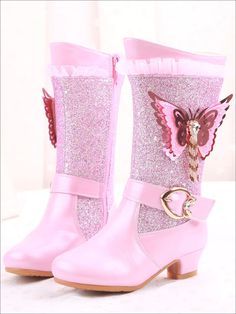 Kids Heels, Butterfly Embellishment, Cartoon Fashion, Snow Princess, Girls Snow Boots, Christmas Shoes, Bow Boots, Velvet Boots, Pink Boots