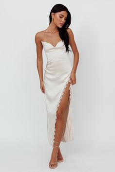 Winter Moon Strapless Lace Trim Midi Dress Champagne Wedding Rehearsal Dress Strapless, White Lace Rehearsal Dinner Dress, Cream Colored Prom Dress, Winter Bridal Looks, White Dress For Engagement Pictures, Rehersal Dinner Dress, White Formal Dresses, Champagne Midi Dress, Midi Dress Strapless