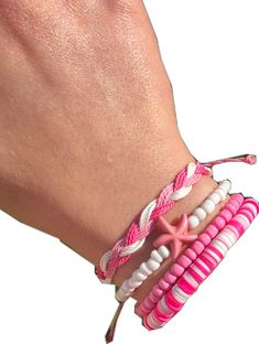 Casual Pink Sliding Knot Jewelry, Beachy Pink Jewelry For Vacation, Adjustable Pink Braided Bracelets For Beach, Adjustable Pink Braided Bracelet For Beach, Pink Beachy Bracelets For Gifts, Beachy Pink Bracelets As Gift, Beachy Pink Bracelets As Gifts, Beachy Pink Bracelet As Gift, Trendy Pink Jewelry For Vacation