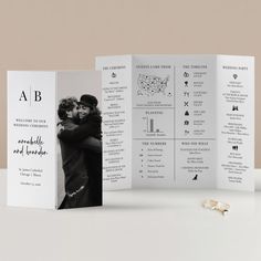 an open fold wedding program with two photos on the front and back, in black and white