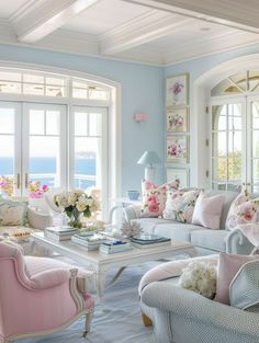 a living room filled with lots of furniture and flowers on the table in front of large windows