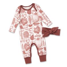 "Baby Girl Thanksgiving Outfit. Romper has hand sketched, vintage harvest print with cedar brown trim. She'll look cute and be comfy in this 100% cotton romper. Stretch cotton rib romper has snaps at the inseam and crotch for changing ease. Complete the look with optional headband. SHIPPING & PROCESSING TIME Free Shipping on all Items (domestic only) via 1st Class USPS. Our usual processing time is 3-5 business days. Transit time is usually be 1-4 business days domestically, and 3-12 business da Cute Brown Cotton Onesie, Newborn Thanksgiving Outfit, Girls Thanksgiving Outfit, Baby Coming Home Outfit, Girls Thanksgiving, Thanksgiving Baby, Harvest Thanksgiving