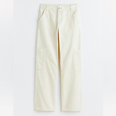 Brand New, Never Worn. Cream Color H&M Wide-Leg Cargo Pants In Cotton Twill With A Regular Waist And Zip Fly With Button. Diagonal Side Pockets, Open Back Pockets, And Patch Leg Pockets. Wide Legs With A Hammer Loop On One Leg. Full Length, Regular Fit Measurements: Inseam/ Inside Leg Length- 30¾ In. Waist- 24½-26 Low Hip- 33¾-35½ White Cotton Pants With Cargo Pockets, White Straight Leg Cotton Cargo Pants, White Relaxed Fit Cotton Cargo Jeans, White Straight Leg Cotton Cargo Jeans, White Cotton Straight Leg Cargo Pants, White Straight Cargo Pants With Hip Pockets, White Cotton Cargo Jeans For Work, White Mid-rise Cargo Pants With Side Pockets, White Cargo Pants With Hip Pockets For Workwear