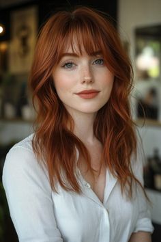 28 Stunning Gray Hair Blending Ideas You Need To Try Dark Ginger Hair Blue Eyes, Ginger Hair For Cool Skin Tones, Short Red Hairstyle Women, Curtain Bangs Redhead, Red Head Curly Hair, Redhead Hair Color, Deep Auburn Hair, Red Hair With Bangs, Deep Auburn