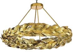 a gold chandelier hanging from a ceiling fixture with leaves on the front and sides