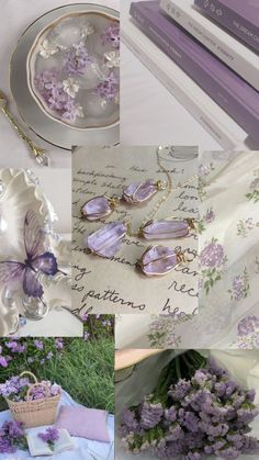 purple flowers and jewelry are on display in this collage