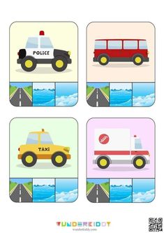 four different types of vehicles are depicted in this puzzle game, each with an individual's own car