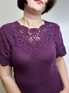 Elegant Purple Sweater For Spring, Elegant Spring Purple Sweater, Elegant Knitted Crew Neck Top, Fitted Crochet Blouse, Elegant Short Sleeve Crochet Lace Blouse, Elegant Spring Crochet Tops, Elegant Short Sleeve Blouse With Crochet Lace, Fitted Purple Crochet Lace Top, Elegant Purple Short Sleeve Tops