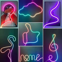 multiple images of neon signs with the word home written in them and an image of a woman's face