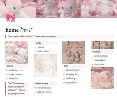 the page is full of pink stuffed animals