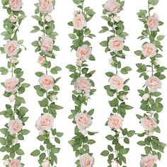 pink roses and green leaves are arranged on a white background for wallpaper or backdrop