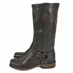 "FRYE HARNESS BROWN Leather Motorcycle Boots Women's Size 6 Retail Price: $298.00 Style No: Biker Motorcycle ITEM DESCRITION: The classic Harness look combines with the added appeal of a belt buckle detail to offer tremendous style. FEATURES AND DIMENSIONS: Color: Tan 100% Leather Leather and Rubber sole Shaft: 12\" Heel: 1\" Highest Quality Material ITEM CONDITION: Excellent Pre Owned Condition ABOUT THE FRYE COMPANY: Frye Company was founded in 1863 by John A. Frye, a shoemaker from England. F Bike Boots, Frye Harness Boots, Womens Tall Boots, Leather Motorcycle Boots, Women's Motorcycle Boots, The Frye Company, Star Boots, Womens Riding Boots, Harness Boots