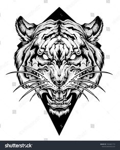 the head of a tiger with an ornament on it's face in black and white