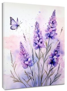 a painting of purple flowers and a butterfly