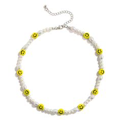 Unisex Single Layer Splicing Pearl Soft Pottery Yellow Smiley Face Necklace Yellow Necklaces For Summer Gifts, Casual Yellow Necklace With Adjustable Fit, Casual Adjustable Yellow Necklace, Yellow Adjustable Necklace For Spring, Casual Yellow Necklace For Gift, Trendy Yellow Necklaces For Spring, Casual Yellow Jewelry With Smiley Face, Smiley Face Necklace, Colored Wedding Bands