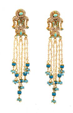 You are looking at beautiful hand crafted Victorian Turquoise Blue and gold jhumka chandelier earrings. It took us 3 months to create the look and translate it into this design. ** A one of a kind piece inspired by the Royals fused with the Victorian styling. ** A very rare find ** 18 K Gold plated . ** Traditional Indian Jewelry. **Length- 4 inches  ** Gold, Turquoise & Pearl bridal earrings These earrings will be shipped with delivery confirmation They come in a individual gift bag or gift box.   Go back to Storefront Taneesijewelry.etsy.com  View my Entire CHANDELIER EARRING Collection at  https://www.etsy.com/shop/taneesijewelry?section_id=13293573 Thank you for your Love & Support Traditional Turquoise Earrings For Wedding, Turquoise Earrings For Wedding And Festivals, Turquoise Kundan Earrings For Wedding, Traditional Dangling Beads Earrings For Reception, Turquoise Meenakari Earrings For Wedding, Traditional Turquoise Danglers For Wedding, Elegant Turquoise Kundan Earrings, Bohemian Blue Danglers For Wedding, Blue Bohemian Danglers For Wedding