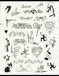 an old school tattoo design is shown in black and white, with many different designs on it