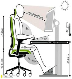 a person sitting at a desk with a computer on it's side and measurements for the chair