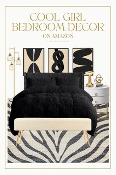 a bedroom with black and white decor on the bed, zebra print rugs and gold accents