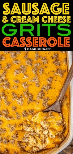 sausage and cream cheese grits casserole in a baking dish