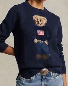 Teddy Bear Sweater, Ralph Lauren Polo Bear, Ralph Lauren Womens Clothing, Bear Sweater, Pullover Outfit, Polo Ralph Lauren Women, Linen Sweater, Americana Fashion, Polo Bear