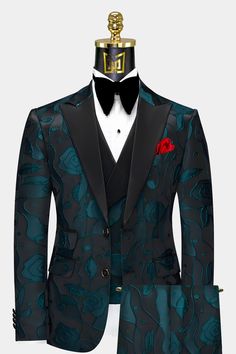 Mens-Teal-and-Black-Tuxedo-Groom-Wedding-Prom-Suit-from-Gentlemansguru.com Teal Tuxedo, Creative Black Tie, Teal Suit, Suit For Men Wedding, Tuxedo Prom, Floral Suit, Custom Tuxedo, Teal Pattern, Black Tie Attire