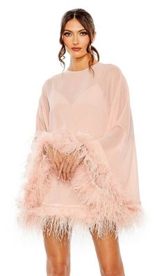 Feather trim short trapeze party dress with long sheer sleeves. Short Wedding Guest Dress, Pink Feather Dress, December Wedding Dresses, Short Wedding Guest Dresses, Ankara Skirts, Flare Sleeves, Semi Formal Dresses, Feather Trim, Pink Fits